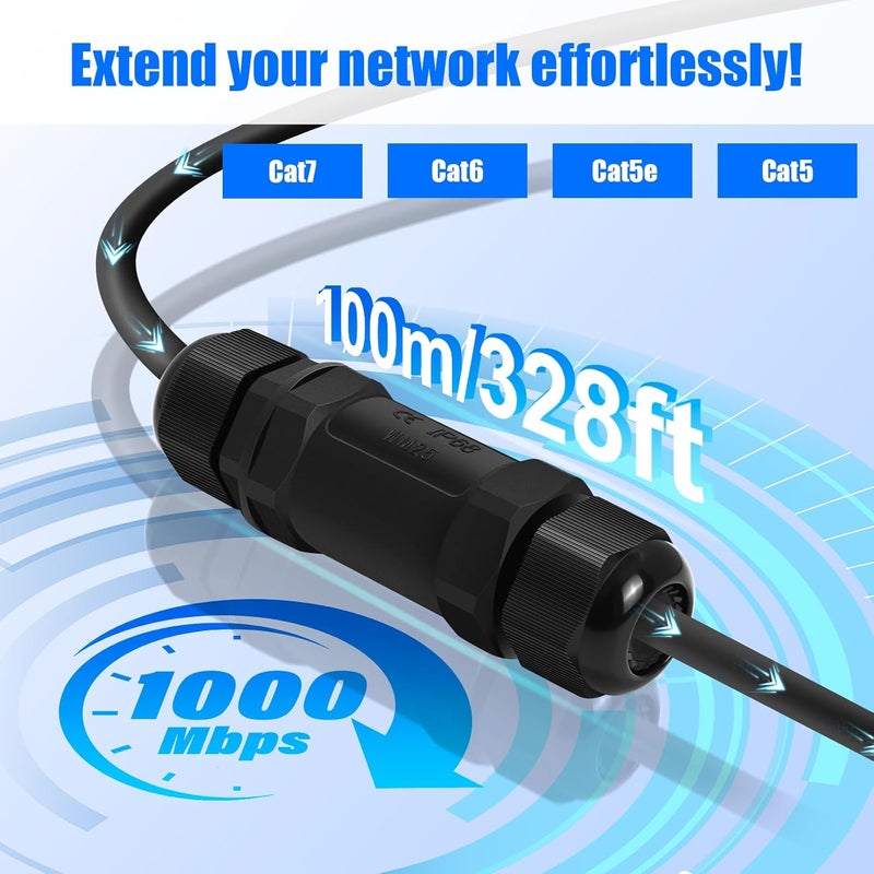 QINGLER موصل RJ45 مقاوم للماء 3 عبوات، موصل إيثرنت محمي IP68 للهواء الطلق، موصل أنثوي إلى أنثوي لشبكة Cat7/Cat6/Cat5E/Cat5 (غير متوافق مع PoE) - Image 3